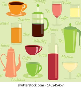 Seamless pattern with different drinks and text