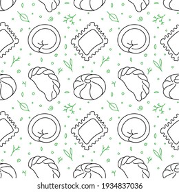 Seamless pattern of different dumplings with flavoring, spice, dill, salad. Black and green icons on white background. Vector stock illustration. Hand drawn doodle elements. Simple style.