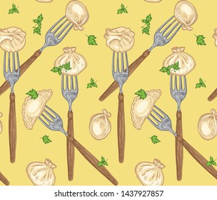 Seamless pattern with different dumplings on the forks