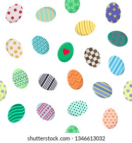 Seamless Pattern with Different Easter Eggs on white. Perfect for Wrapping Paper, Wallpaper, Fabric. Vector illustration for Your Design, Web.