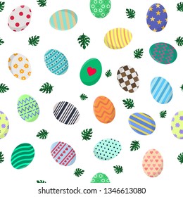 Seamless Pattern with Different Easter Eggs and Green Leaves of Monstera. Perfect for Wrapping Paper, Wallpaper, Fabric. Vector illustration for Your Design, Web.