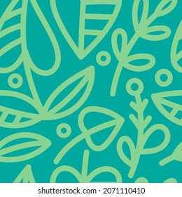Seamless pattern with different eaves on green background. Vector print with plants.