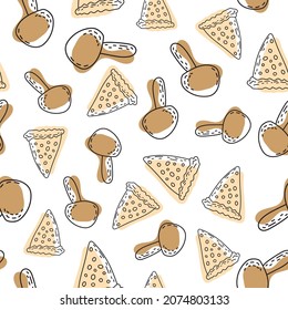 Seamless Pattern with different edible mushrooms and pizza. Hand drawn mushrooms in doodle style on white background.