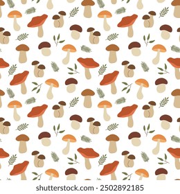 seamless pattern with different edible mushrooms; autumn background - vector illustration