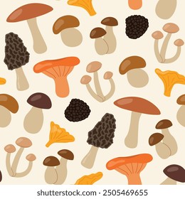 seamless pattern with different edible mushrooms: saffron milk cap, truffle, chanterelle, boletus, honey fungus, porcini; morels; autumn background - vector illustration