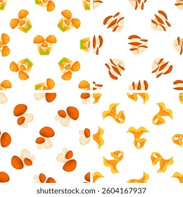 Seamless pattern with different edible mushrooms growing on grass and cut in half on white background