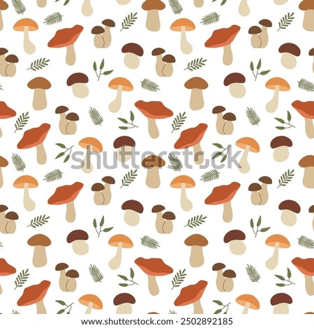 seamless pattern with different edible mushrooms; autumn background - vector illustration