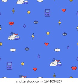 Seamless Pattern With Different Elements From The 80s And 90s Fashion. Abstract Outline Drawings In A Simple Trendy Style. Dad Shoes Or Ugly Shoes Drawing For Wrapping Paper, Textile, Fabric Prints.