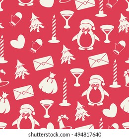 Seamless pattern with different elements. Beige elements on red background. New Year packaging for gifts.