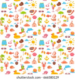 Seamless pattern with different elements dedicated to the sea vacation isolated on white. Vector illustration.