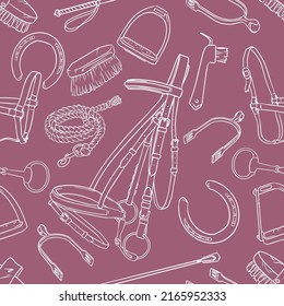 Seamless pattern with different elements of horse riding equipment and grooming accessories. Texture with horse bridle, snaffle bits, horseshoes, halters, spurs and brushes