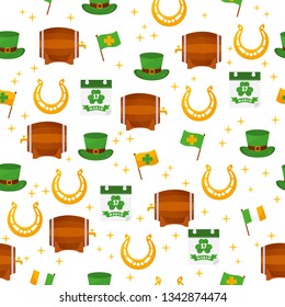 Seamless pattern with different elements of Ireland culture - clover, beer, pot of gold, rainbow, horseshoe. Happy St. Patrick's Day background.