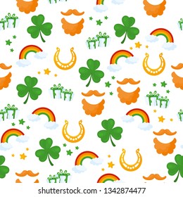 Seamless pattern with different elements of Ireland culture - clover, beard, rainbow, horseshoe. Happy St. Patrick's Day background.