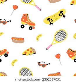 Seamless pattern with different elements - roller skate, tennis racquet, glasses, hotdog, pizza, banana. Trendy summer design. Vector illustration on white background