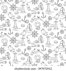 Seamless pattern with different elements for sea travelling. Vector illustration