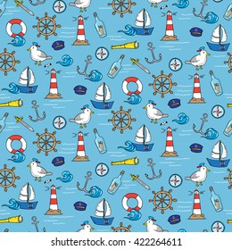 Seamless pattern with different elements for sea travelling. Vector illustration