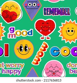 Seamless pattern with different emoji, pins, stamps, stickers. Different Phrases and words. Hand drawn trendy funny Vector illustrations