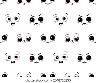 Seamless pattern with different emotions. Print with joyful and sad smiles, frightened and loving eyes