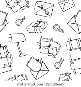 Seamless pattern with different envelopes with mail, postmarks, and postcards vector flat illustration. Set of various craft paper letters, boxes, mailbox, and handmade cards isolated. Outline style