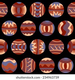 Seamless pattern of different ethnic beads. Vector illustration with colorful balls on black background. 