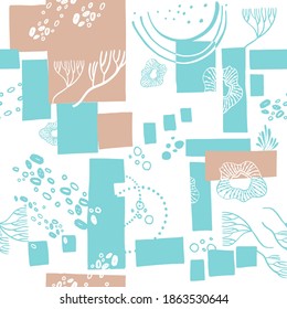 Seamless pattern with different exotic fantastic elements, lines, textures. Vector. Gentle floral background. 