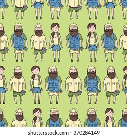 Seamless pattern with different explorers. Vector illustration