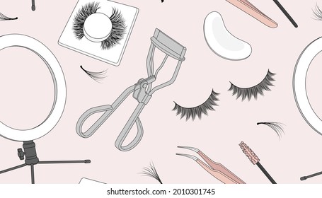 Seamless pattern with different eyelash extension tools