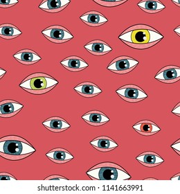 Seamless pattern with different eyes. Halloween theme. Great for postcards, party decor, prints. Cartoon style. Hand drawn. Scary eyes staring at you.