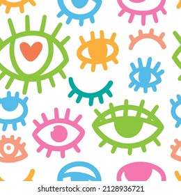 Seamless pattern with different eyes on white background. Doodle cartoon print. Line art funny wallpaper.