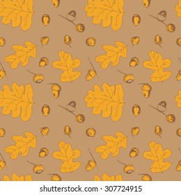 Seamless pattern with different fall oak leafs and acorn
