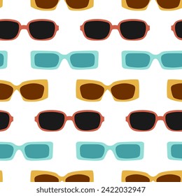 Seamless pattern with different fashionable sunglasses. Summer background with accessories for vision and protection from sunshine.