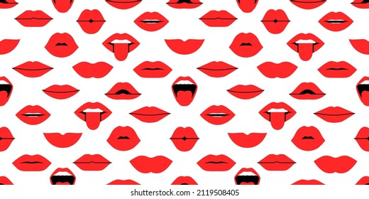 Seamless pattern with different female lips with emotion like kiss, smile with tongue and scream, vector illustration