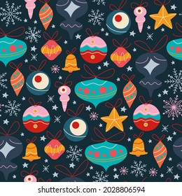 Seamless pattern with different fir tree decoration toys, bells and balls, abstract snowflakes and stars isolated. For Christmas cards, invitations, packaging paper. Vector flat cartoon illustration.