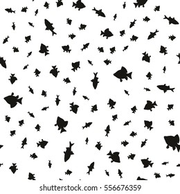 Seamless pattern of different fish in different sizes, floating in a chaotic manner. Vector illustration