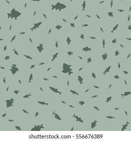 Seamless pattern of different fish in different sizes, floating in a chaotic manner. Vector illustration