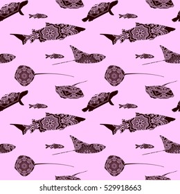 Seamless pattern with different fishes on purple background with mandalas, vector illustration
