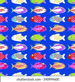 Seamless pattern with different fishes.Colorful fishes.Kid fish aquarium.