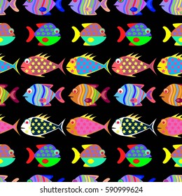 Seamless pattern with different fishes.Colorful fishes.Kid fish aquarium.