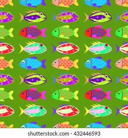 Seamless pattern with different fishes.Pattern in swatch menu.Colorful fishes.Kid fish aquarium.