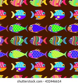 Seamless pattern with different fishes.Pattern in swatch menu.Colorful fishes.Kid fish aquarium.