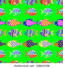 Seamless pattern with different fishes.Pattern in swatch menu.Colorful fishes.Kid fish aquarium.