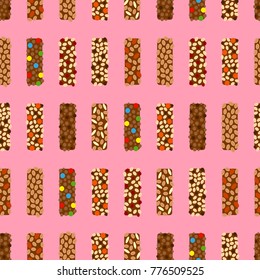 Seamless pattern with different flat chocolate granola bars.