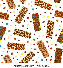 Seamless pattern with different flat chocolate granola bars.