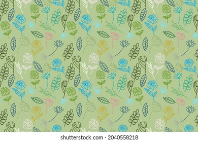 Seamless pattern of different flower outline and leaves outline on light kiwi  color background, beautiful line art. floral pattern.