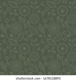 Seamless pattern with different flowers and berries. Floral vector background. Buds, flowers and berries. Green tones. Сan be used for wallpapers, pattern fills, textile, surface textures