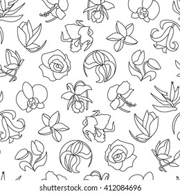 Seamless pattern with different flowers. Black and white.
