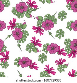 
seamless pattern with different flowers in doodle style