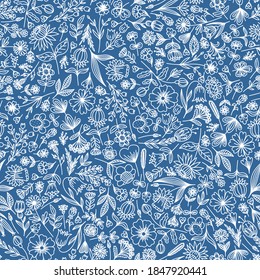 SEAMLESS PATTERN WITH DIFFERENT FLOWERS AND LEAVES IN THE VECTOR