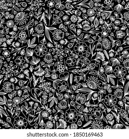 SEAMLESS PATTERN WITH DIFFERENT FLOWERS AND LEAVES IN THE VECTOR