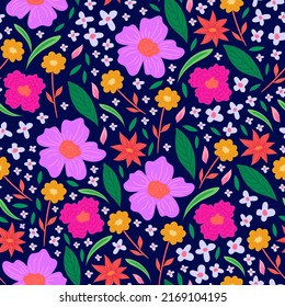 Seamless pattern with different flowers and leaves on a dark background